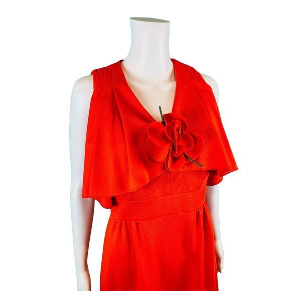 Vintage 1970s Maxi Party Dress Red Flutter Top Leslie Fay Flower Pin | W 27" - Picture 4 of 10